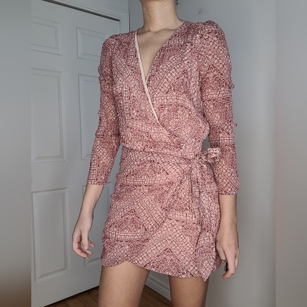 Sézane Noemia red mosaic print faux wrap mini dress